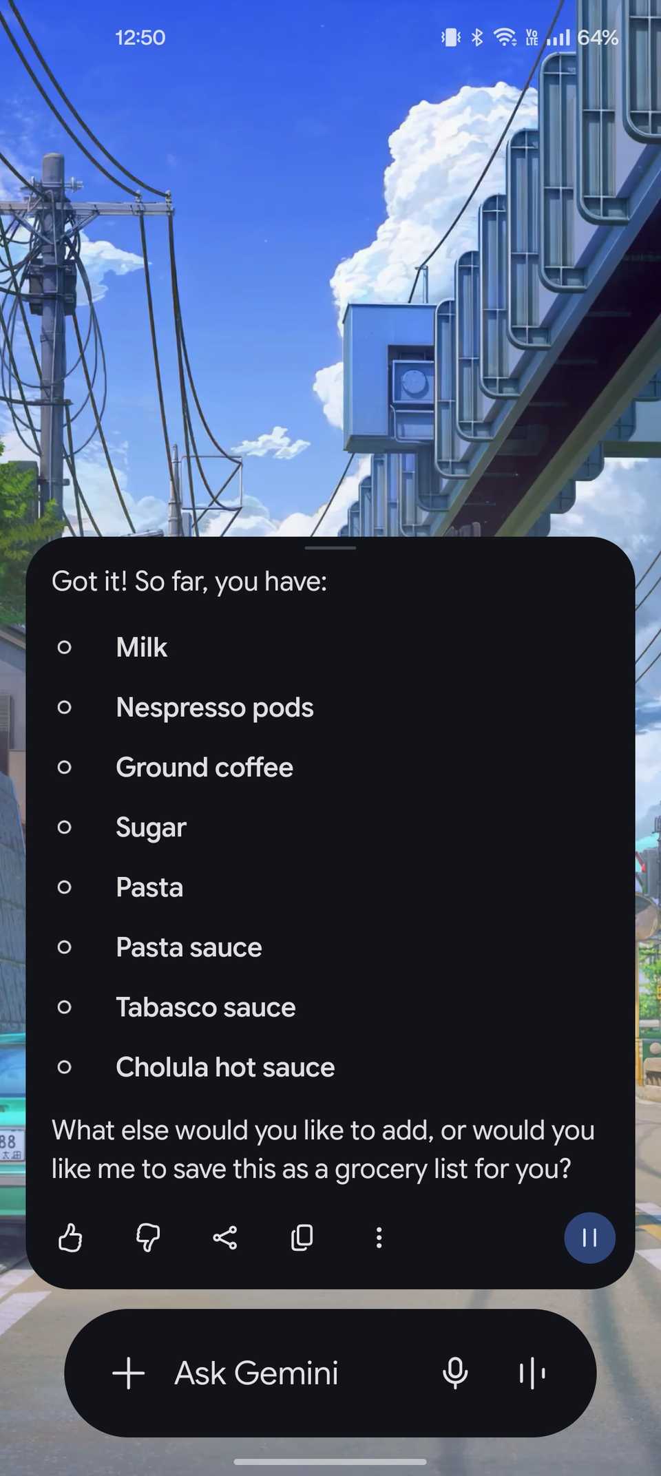 Google Gemini showing shopping list