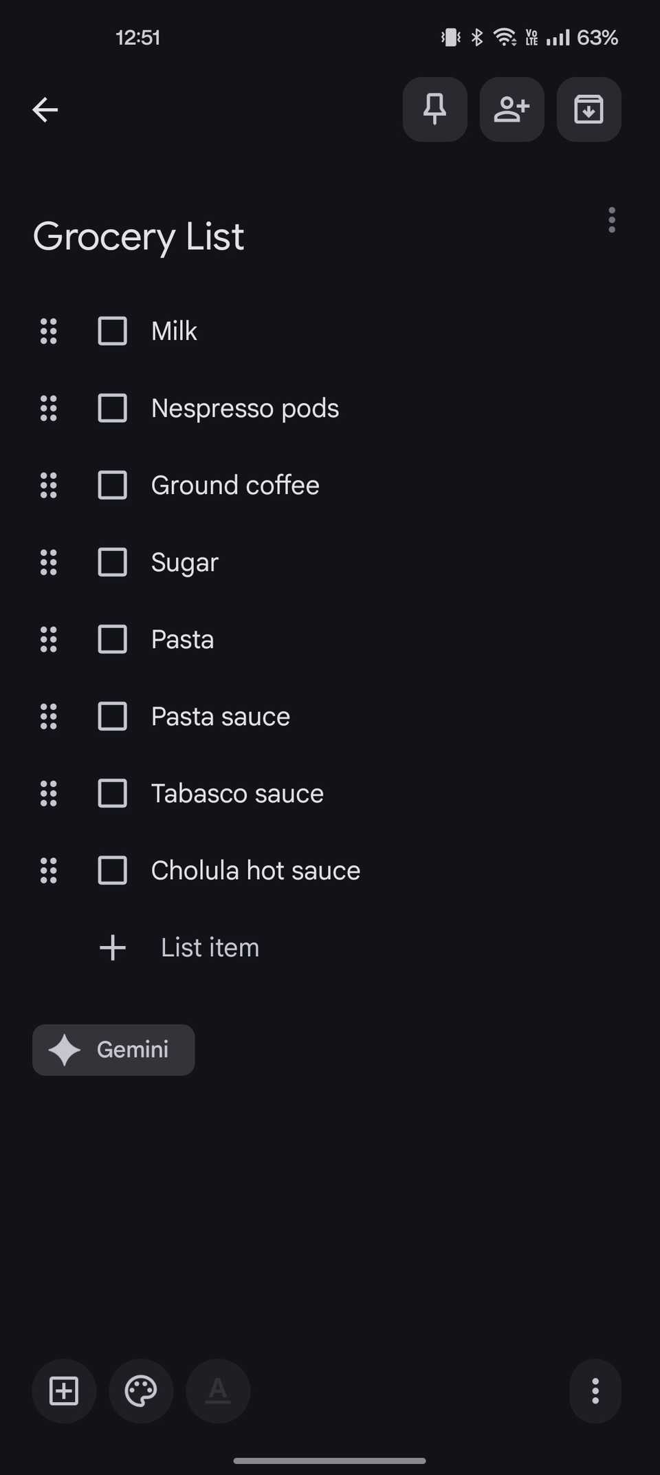 Google Keep screenshot showing shopping list created via Gemini