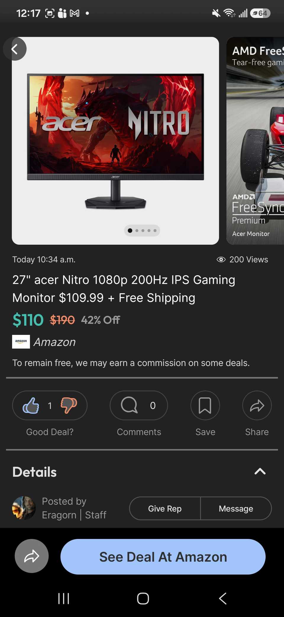 Un'offerta in evidenza nell’app Slickdeals per un monitor da gaming Acer Nitro 1080 da 27 pollici su Amazon