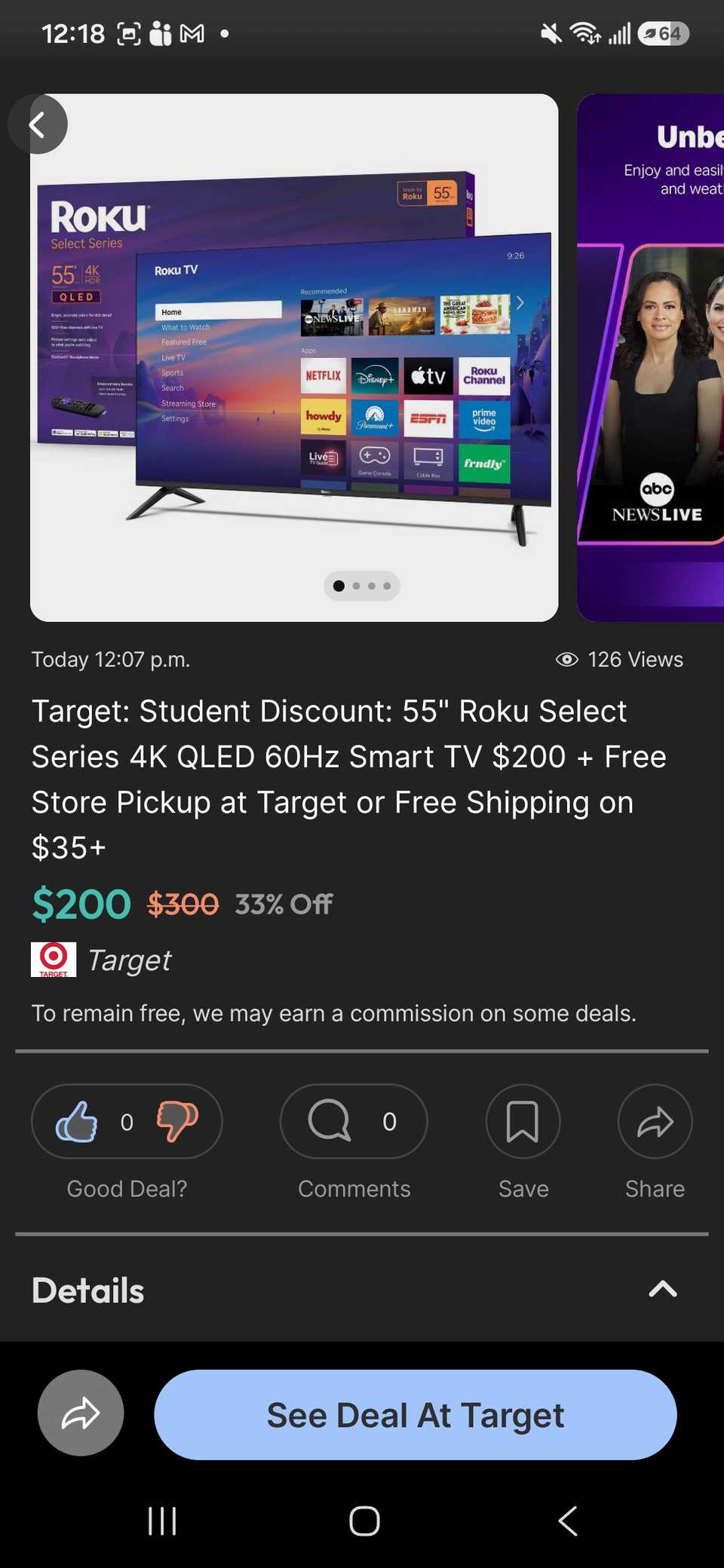 Un’offerta in evidenza per uno sconto per studenti su un televisore Roku 4K QLED da 55 pollici da Target, trovata nell’app Slickdeals