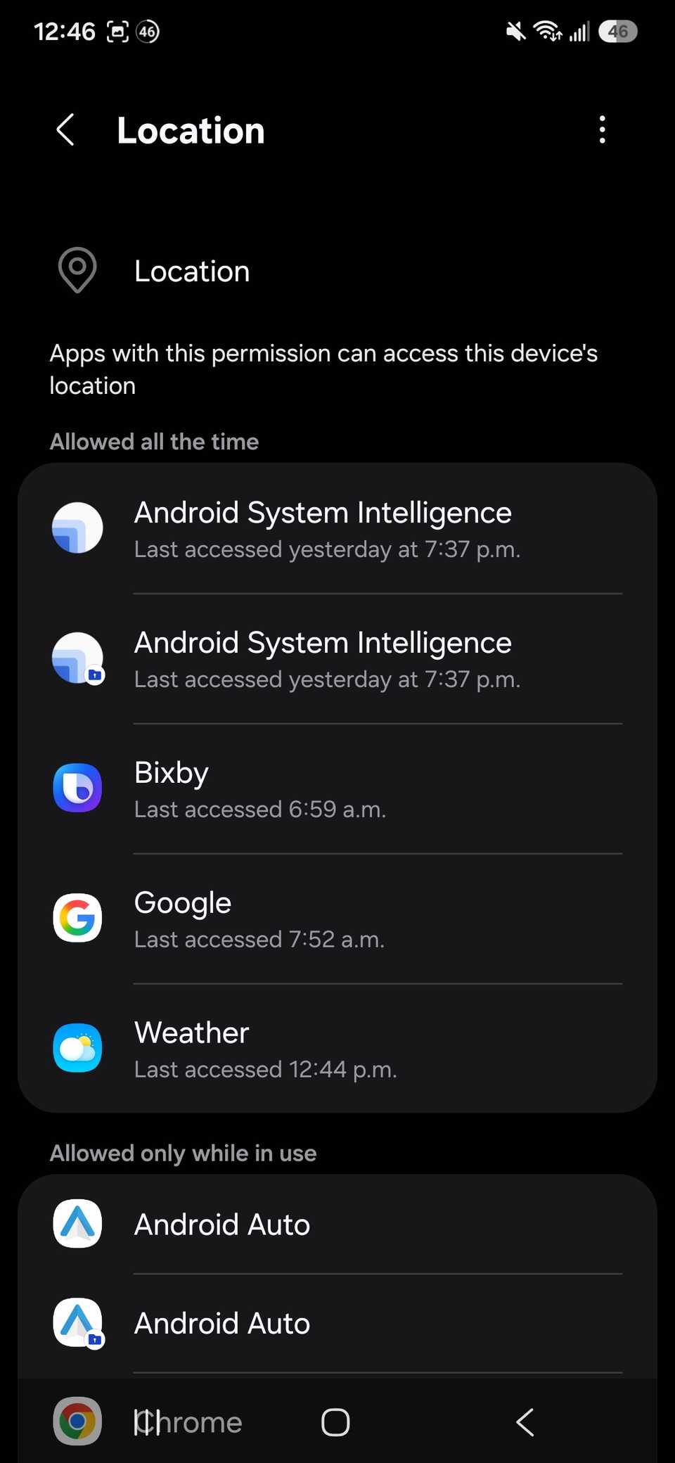 un elenco delle app che rientrano esclusivamente nella categoria “Consentito sempre” per le autorizzazioni di localizzazione su un telefono Samsung