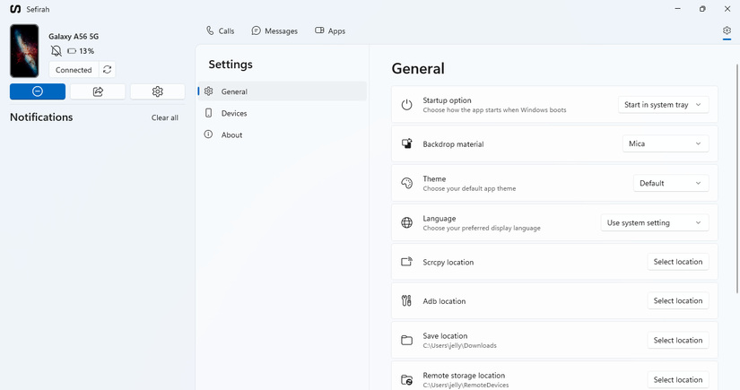 Sefirah desktop interface.