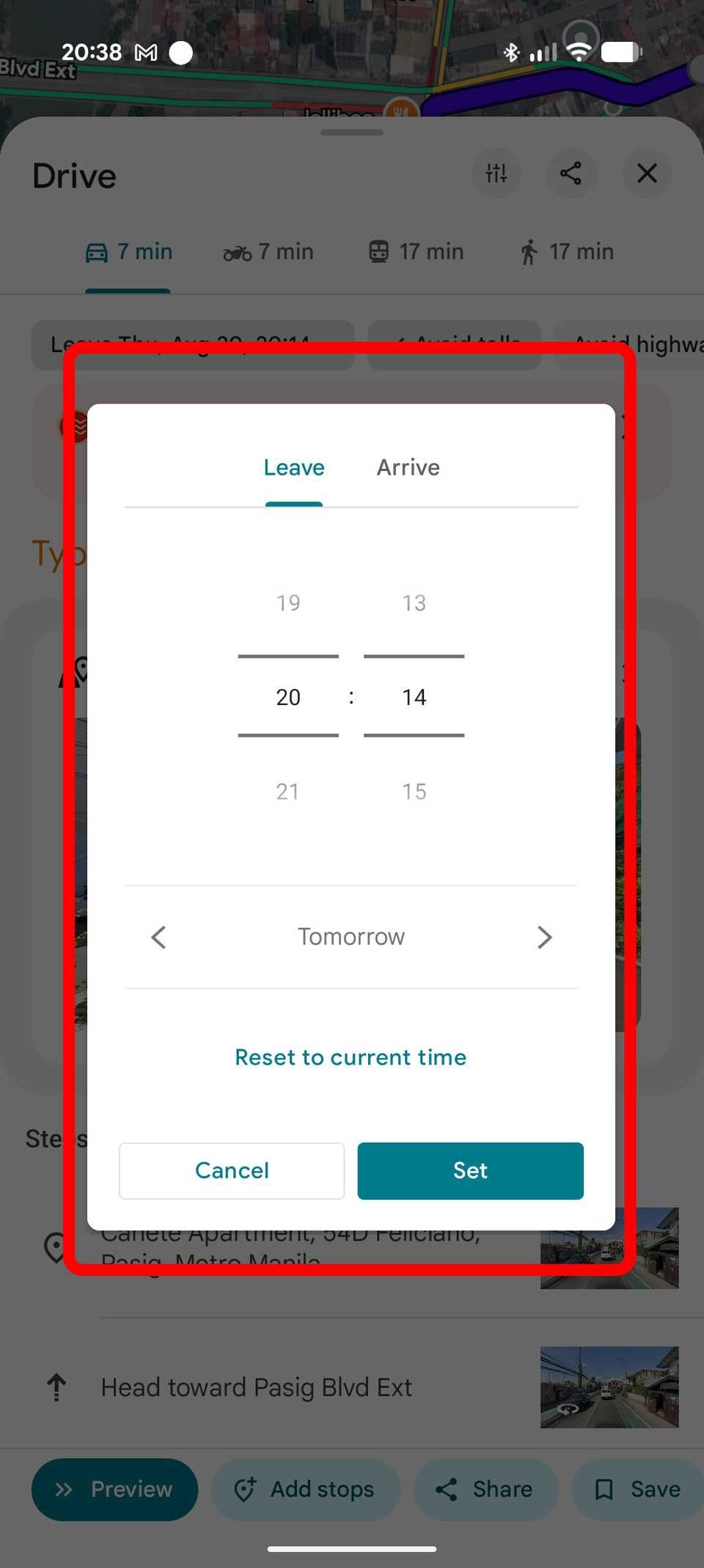 Setting departure time and day on Google Maps