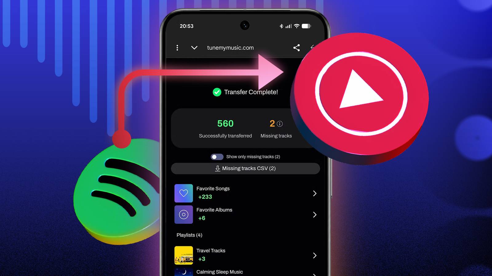 Как перенести всю библиотеку из Spotify в YouTube Music без потери треков Интерфейс мобильного приложения YouTube Music на смартфоне