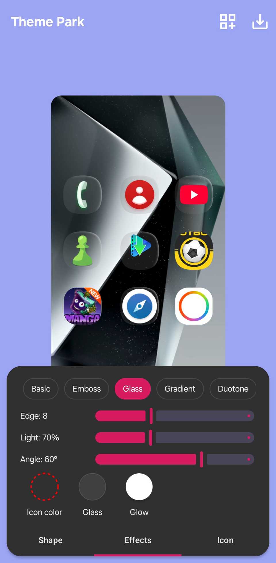 Samsung Theme Park icon editor with the Glass effect selected.