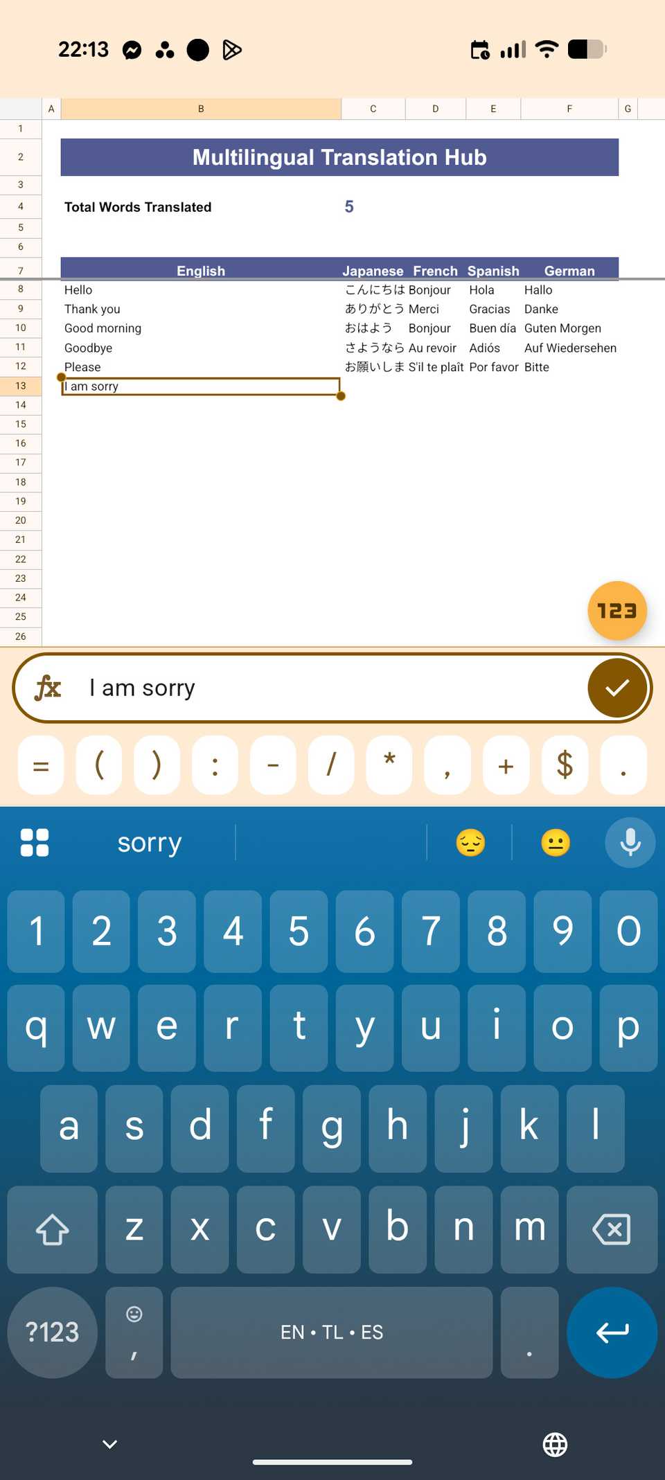Entering a text on Google Sheets cell for translation