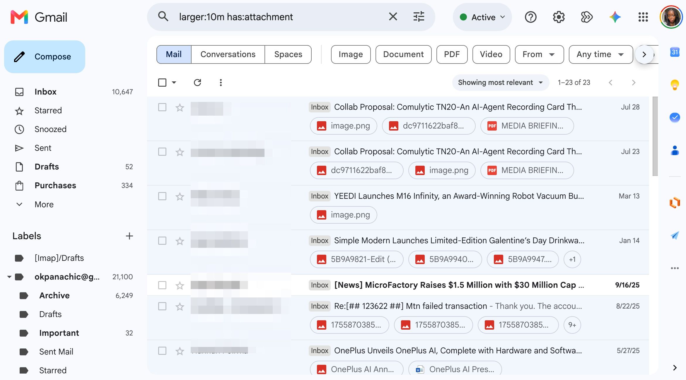 Email search results larger than 10mb and with attachments pulled using search operators in Gmail
