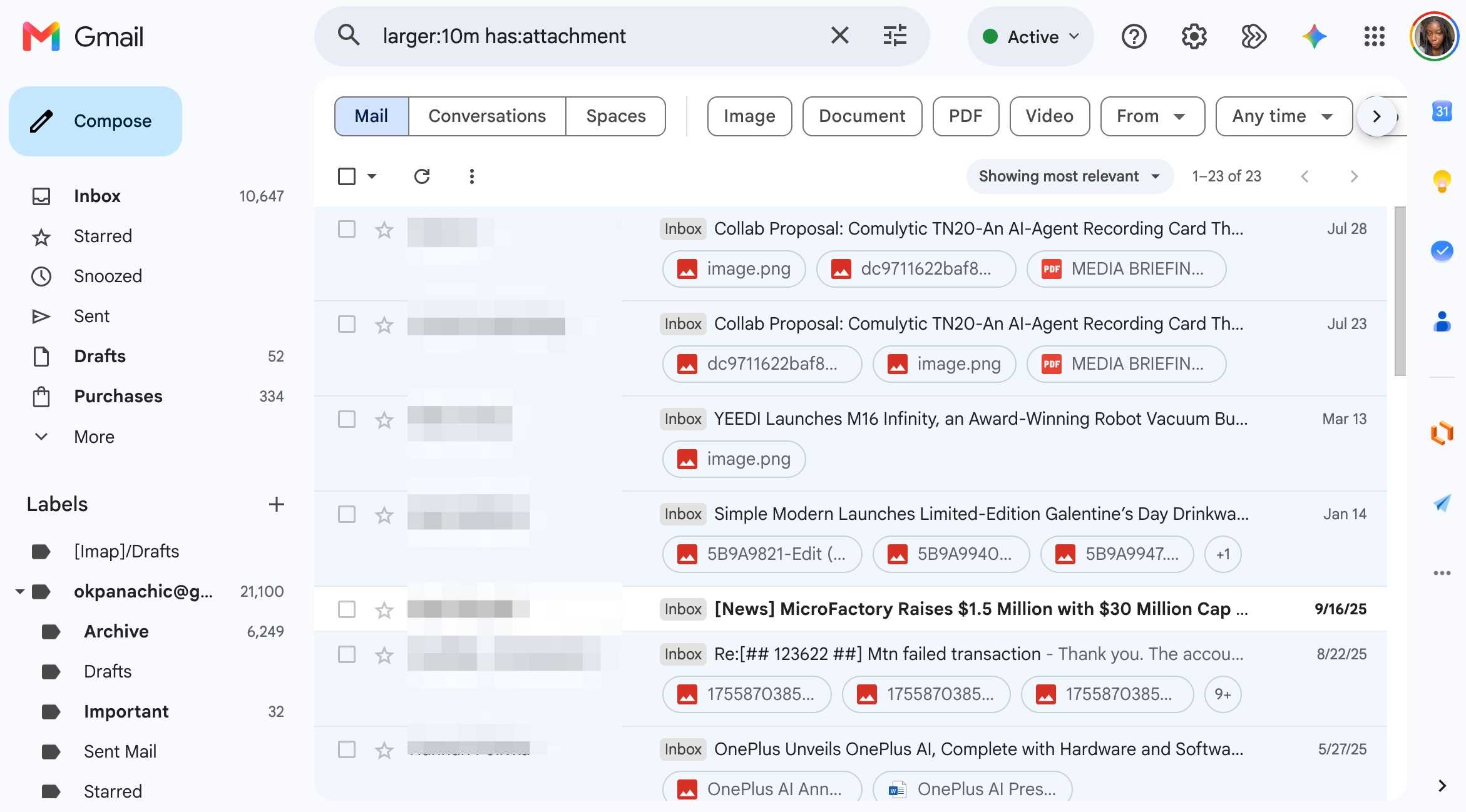 Email search results larger than 10mb and with attachments pulled using search operators in Gmail