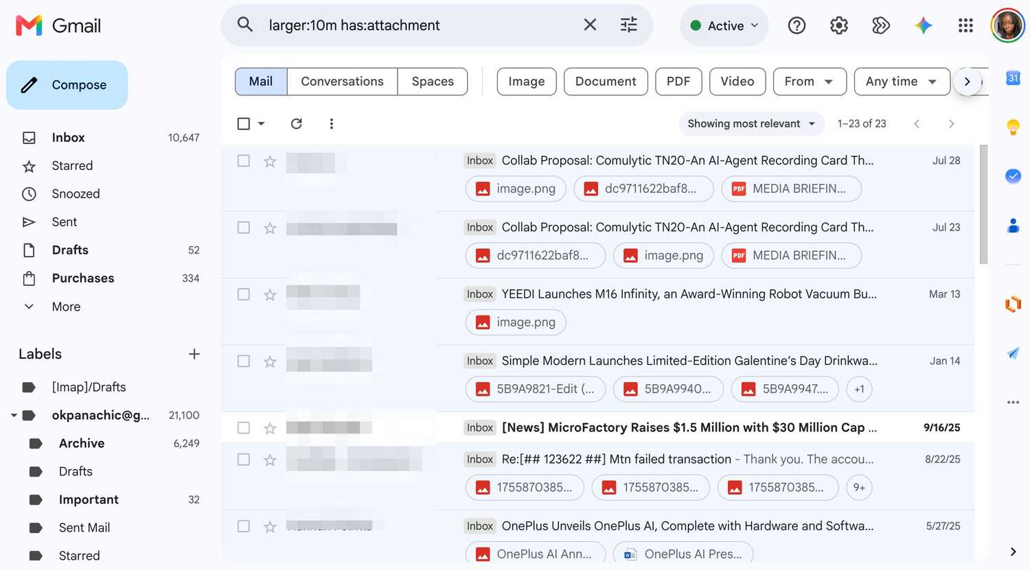 Email search results larger than 10mb and with attachments pulled using search operators in Gmail