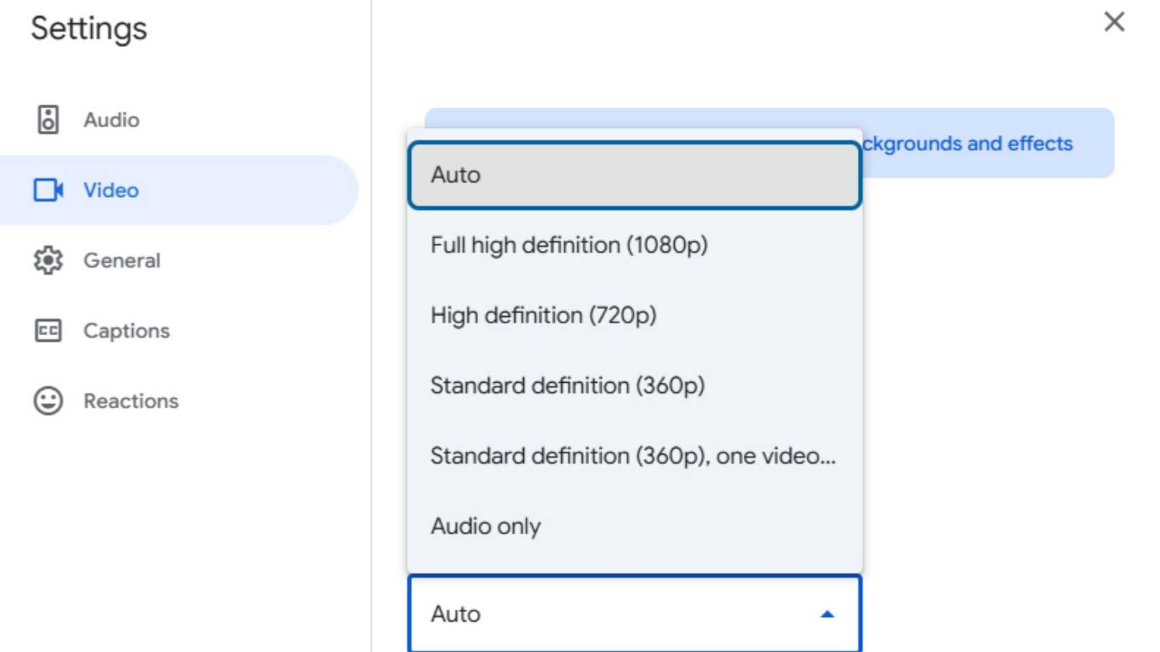 Google Meet's receive resolution options