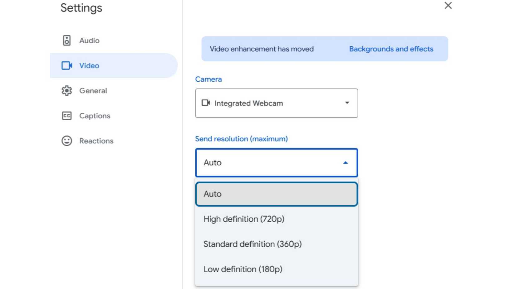 google meet settings about video quality