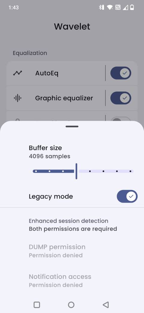 Screenshot showing the buffer size option in the Wavelet app
