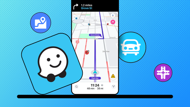 Waze navigation screen surrounded by route, vehicle, and intersection icons.