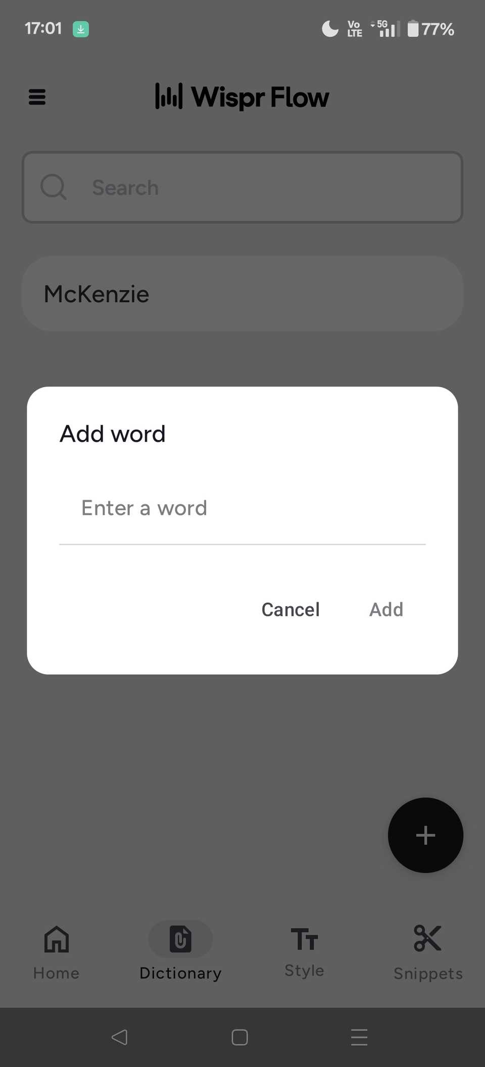 Screenshot che mostra come aggiungere una parola al dizionario nell’app Wispr Flow