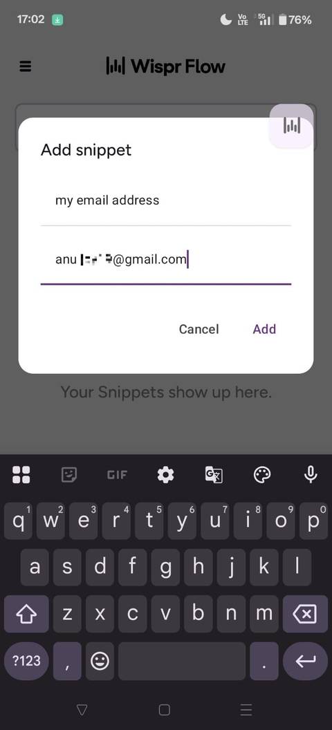 Screenshot che mostra uno snippet nell’app Wispr Flow