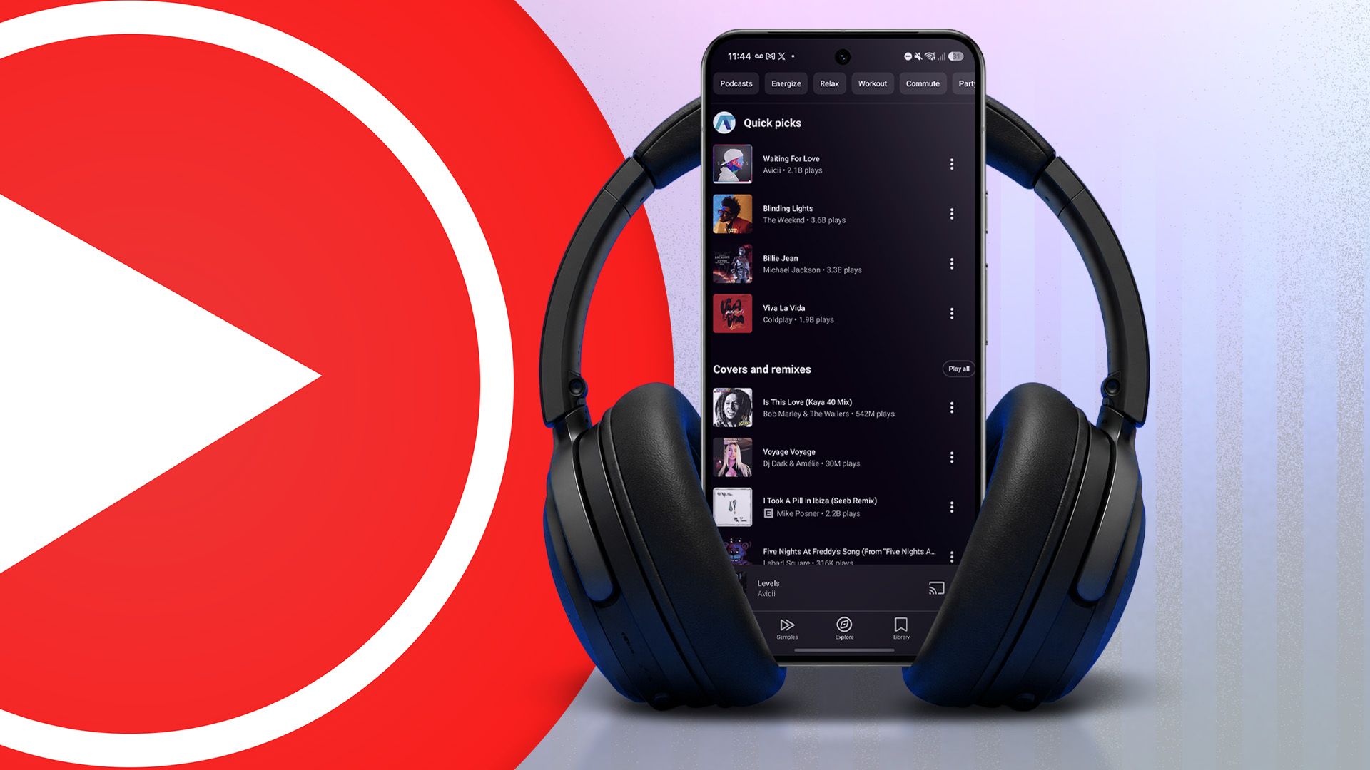 YouTube Music playing on an Android phone with headphones.