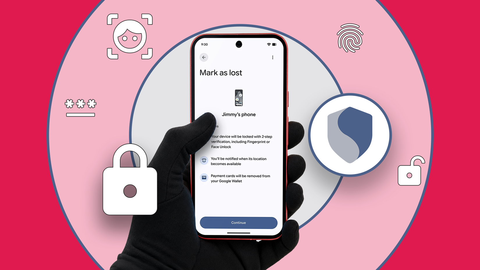 A phone displaying Android’s 'Mark as lost' screen surrounded by security icons.-1
