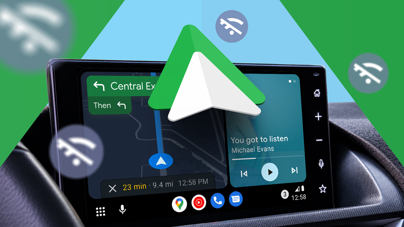Android Auto dashboard with Google Maps navigation and offline connectivity icons.