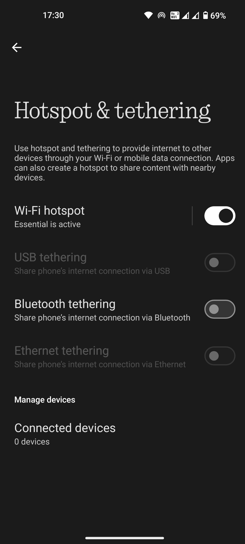 Android hotspot tethering main menu