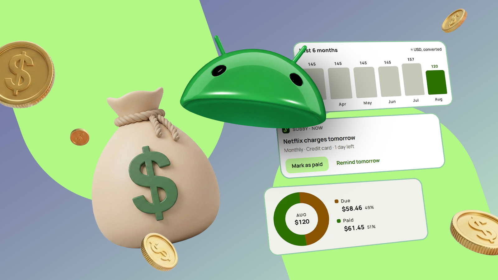 Android mascot with Subby subscription charts, a money bag, and coins.
