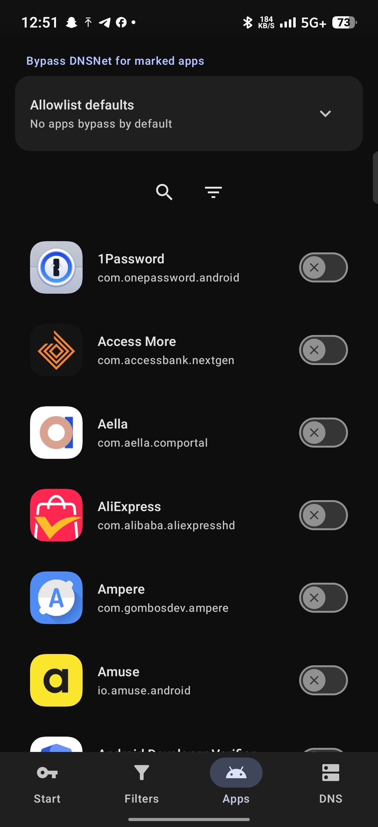 DNSNet app allowlist and bypass settings
