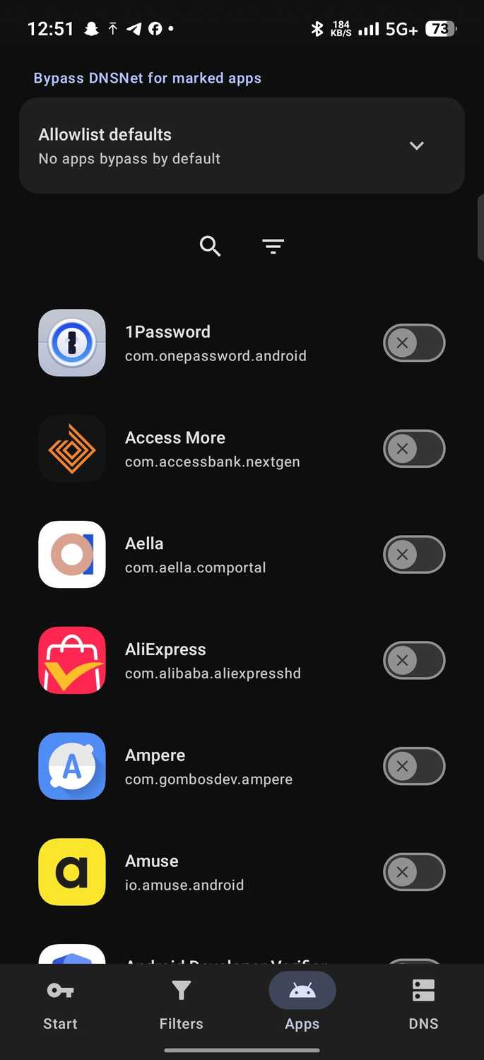 DNSNet app allowlist and bypass settings
