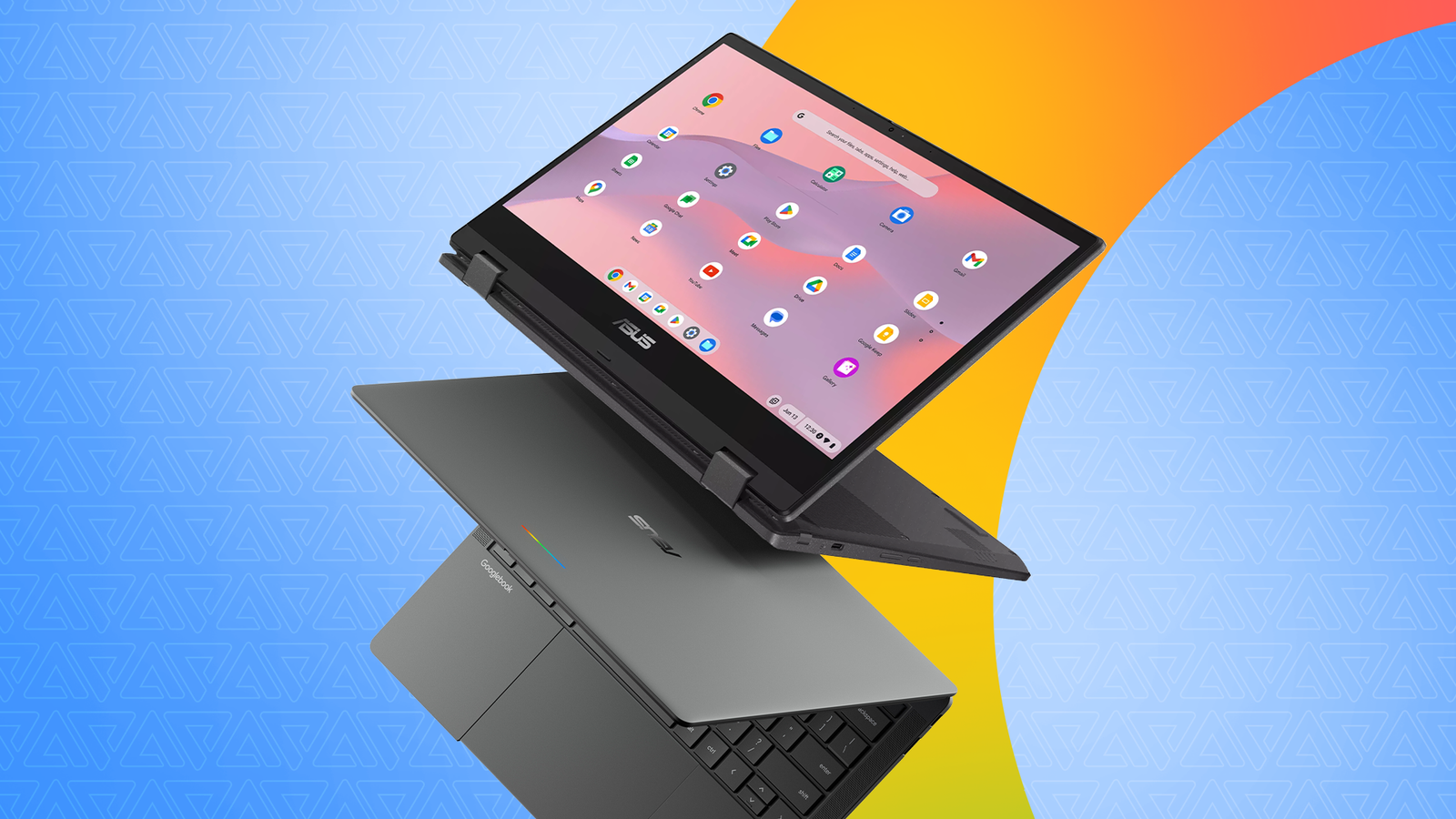 ASUS Chromebook and Googlebook on a colorful background.