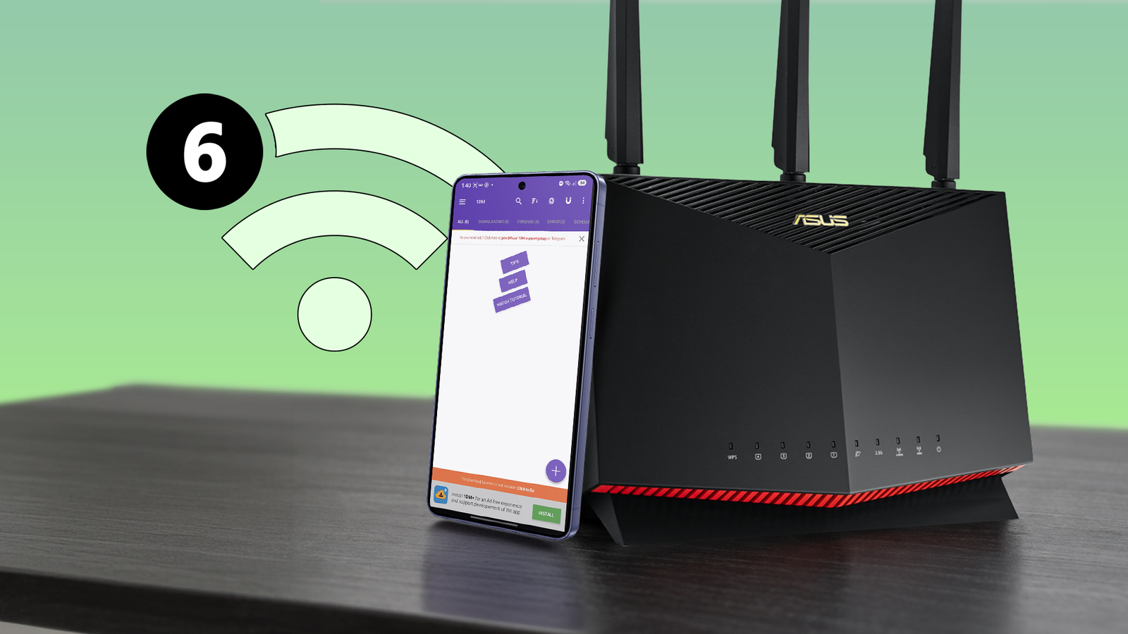 ASUS Wi-Fi 6 router next to a smartphone running a download manager app