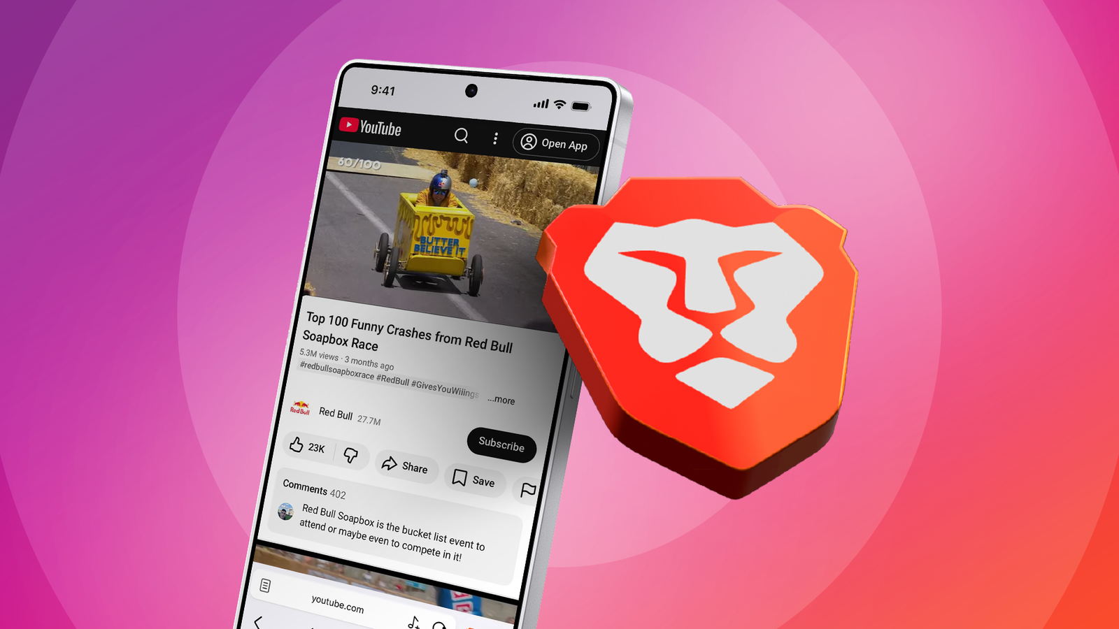 Почему использование браузера Brave для YouTube не заменяет подписку Premium Браузер Brave отображает видео на экране смартфона