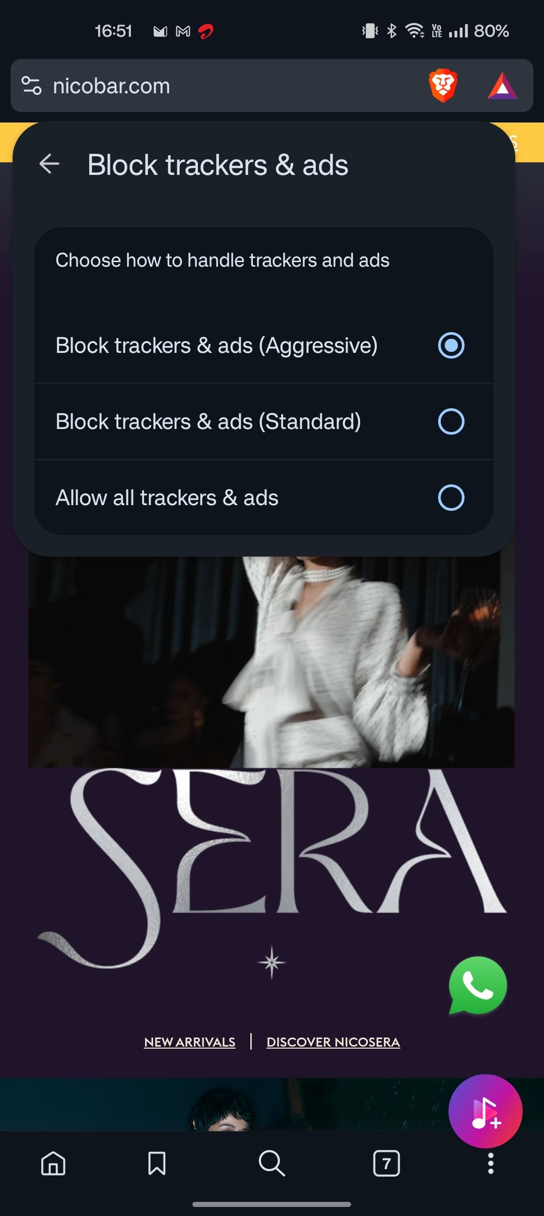 Brave dynamic shield to turn off block tracker and ads setting for a website