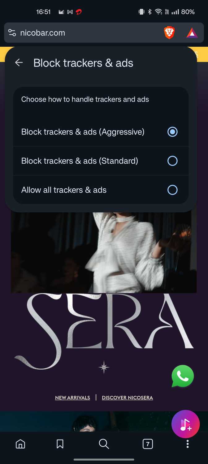 Brave dynamic shield to turn off block tracker and ads setting for a website