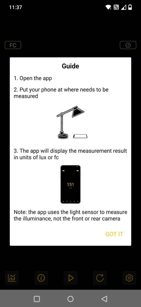 Screenshot showing how to use the Light meter app