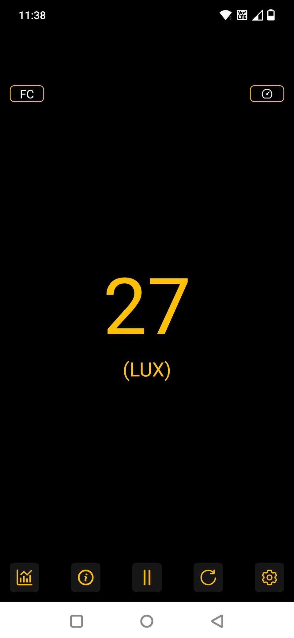 Screenshot showing the lux reading in the Light meter app