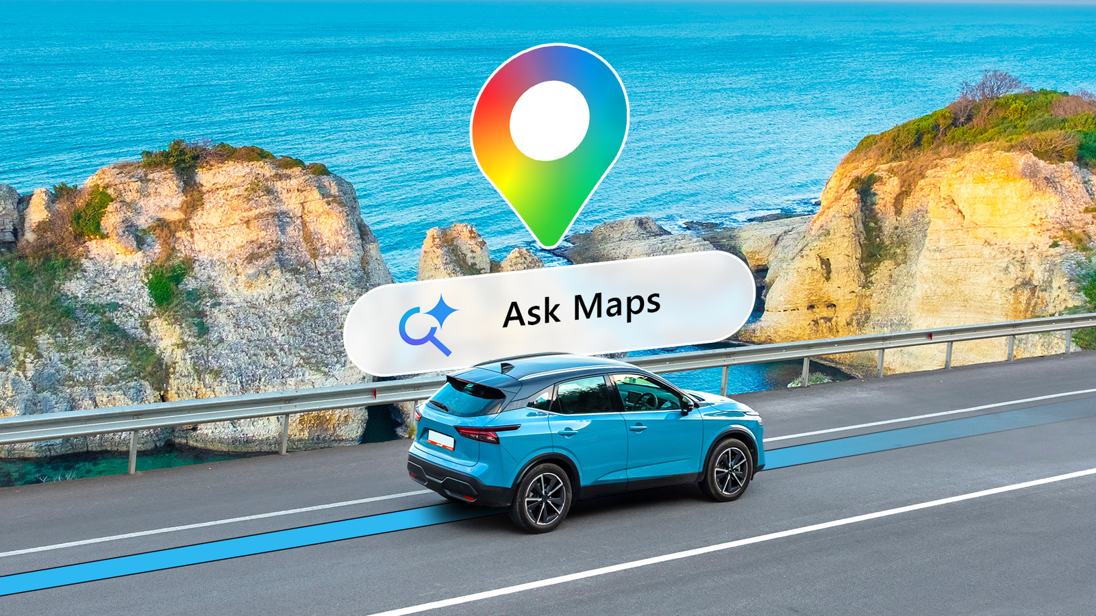 Car driving along a coastal road with Google Maps’ Ask Maps feature.