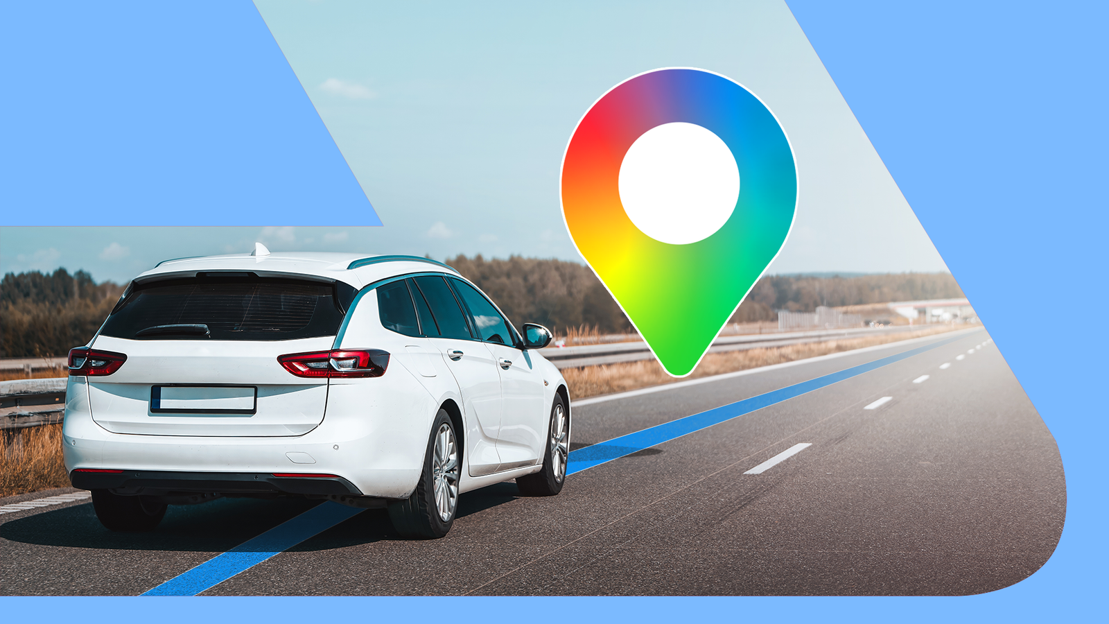 Car driving on a highway with a Google Maps route and logo.