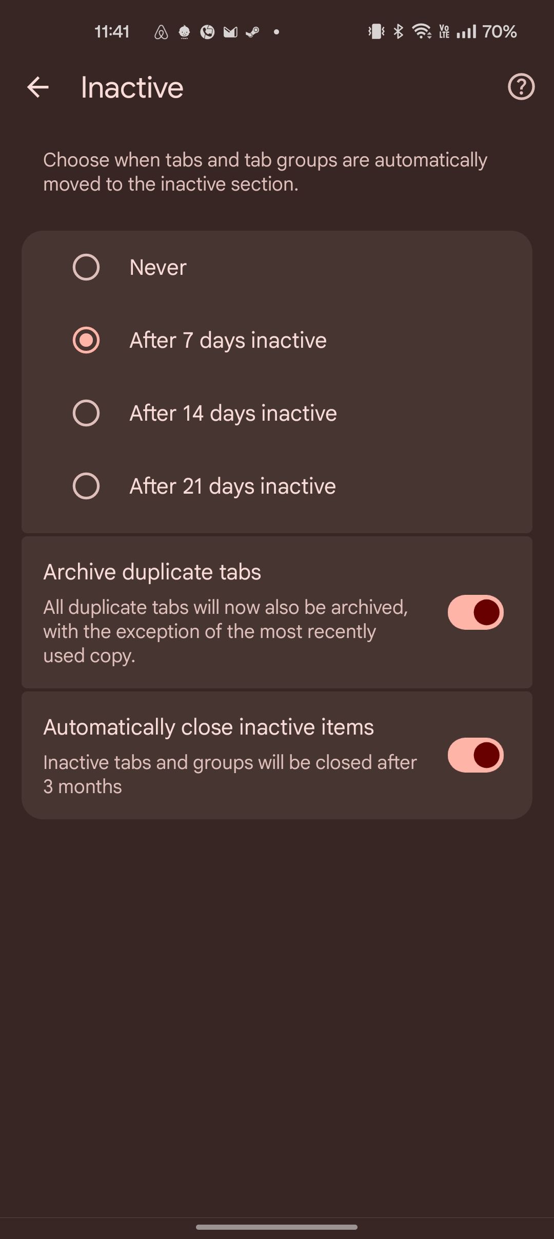 Google Chrome setting showing period after which one can move inactive tabs