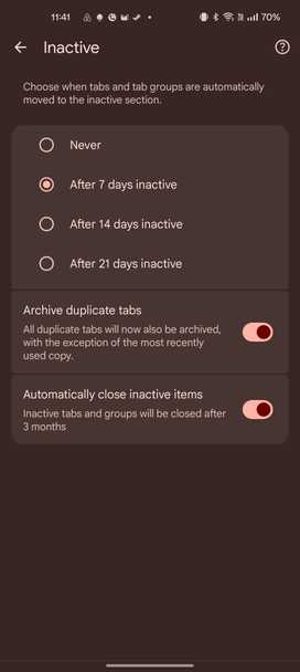 Google Chrome setting showing period after which one can move inactive tabs