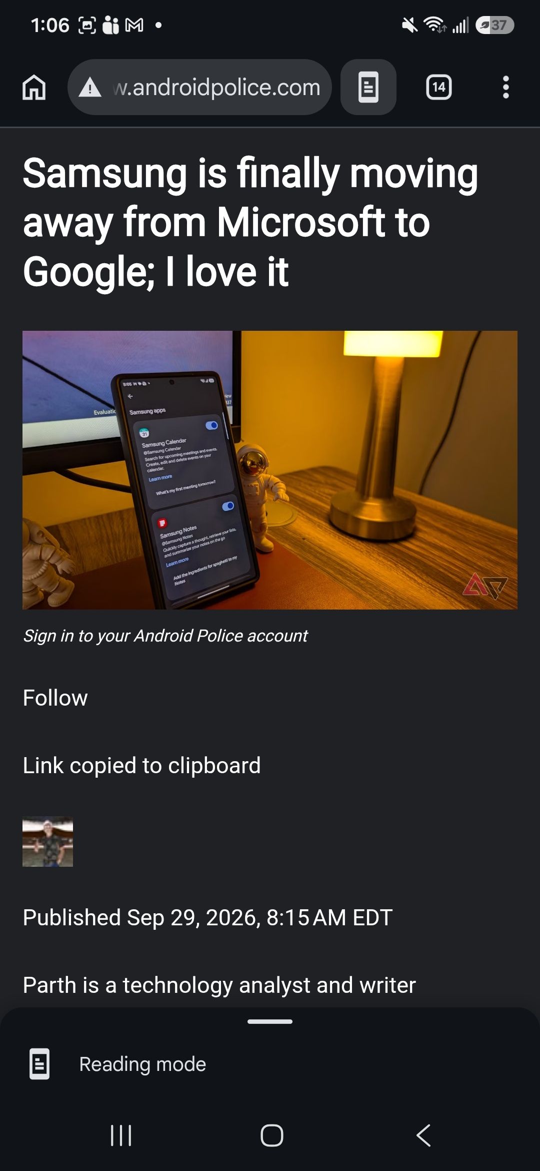 Reading mode enabled for a web page on Android police on Chrome