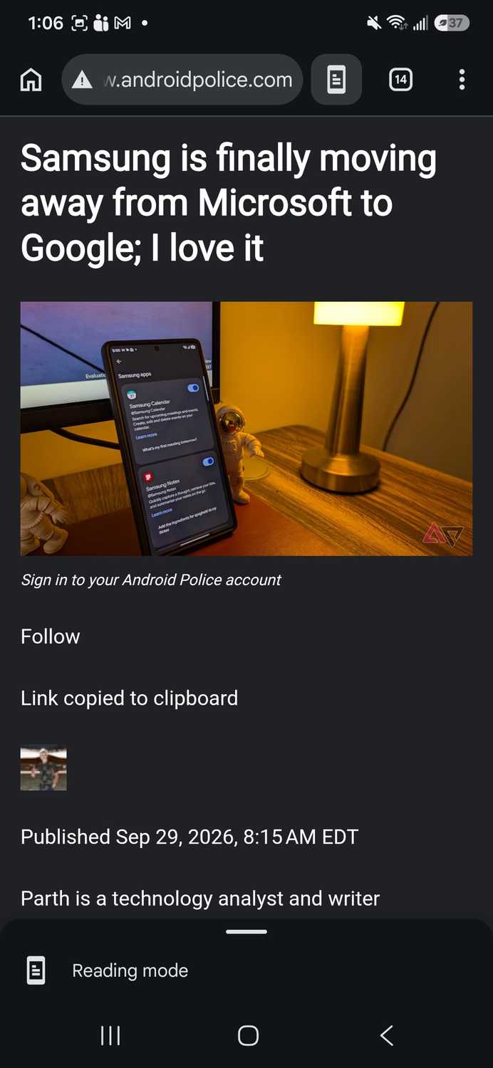 Reading mode enabled for a web page on Android police on Chrome