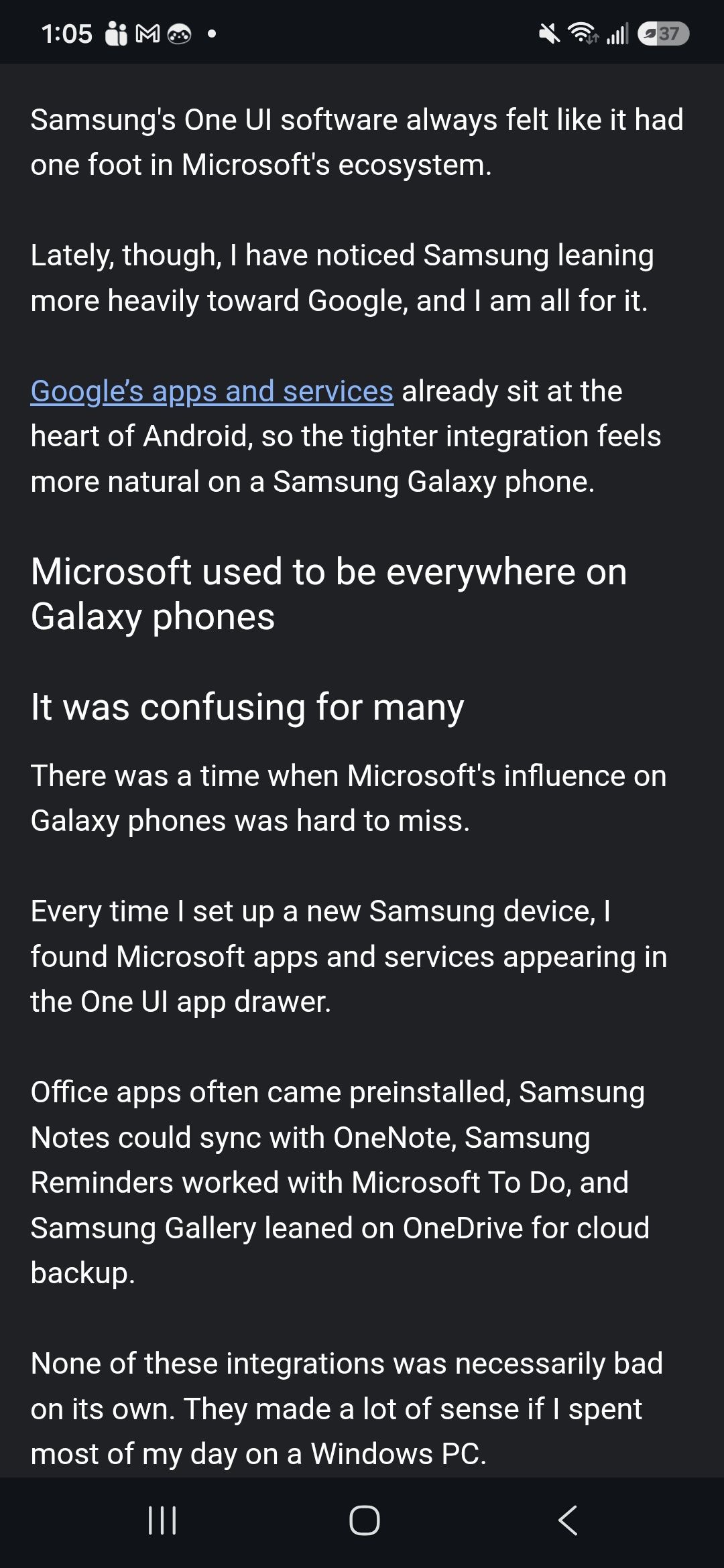 Using Chrome reading mode for Android Police article with a body of text and a header
