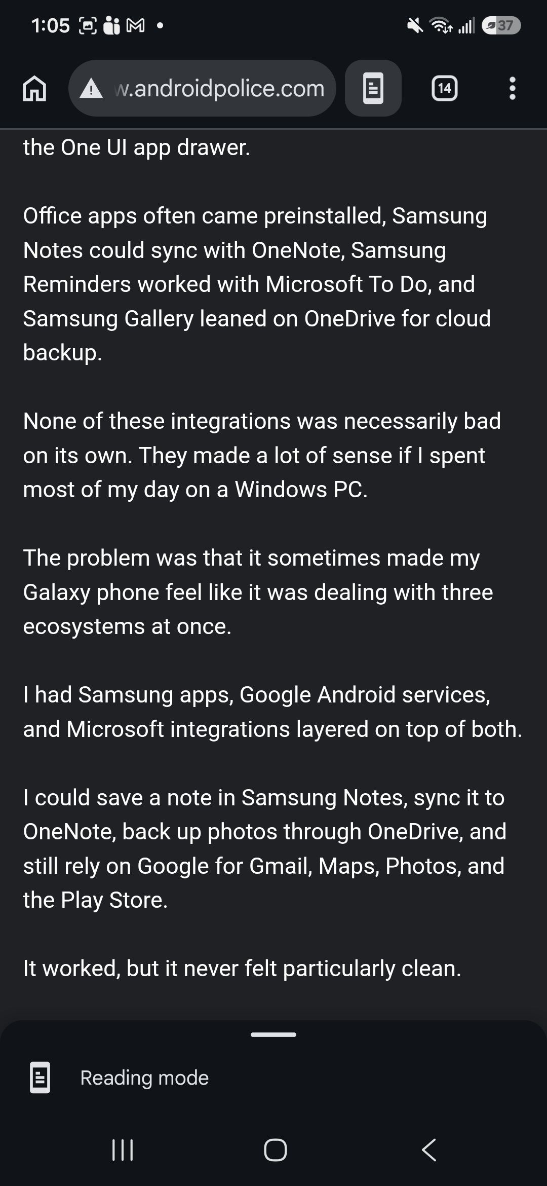 Using Chrome reading mode for Android Police mode for reading text