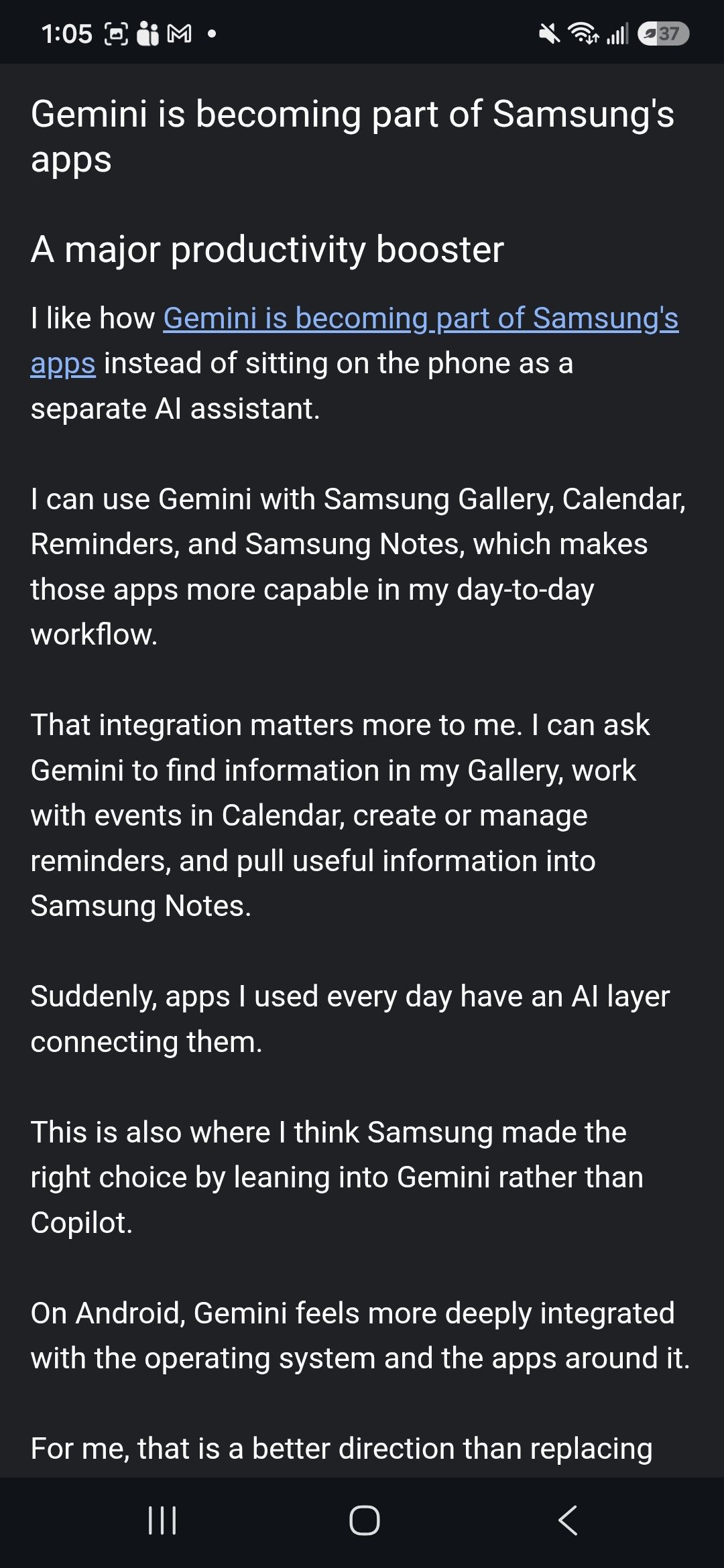 Using Chrome reading mode for Android Police article showing text and a link