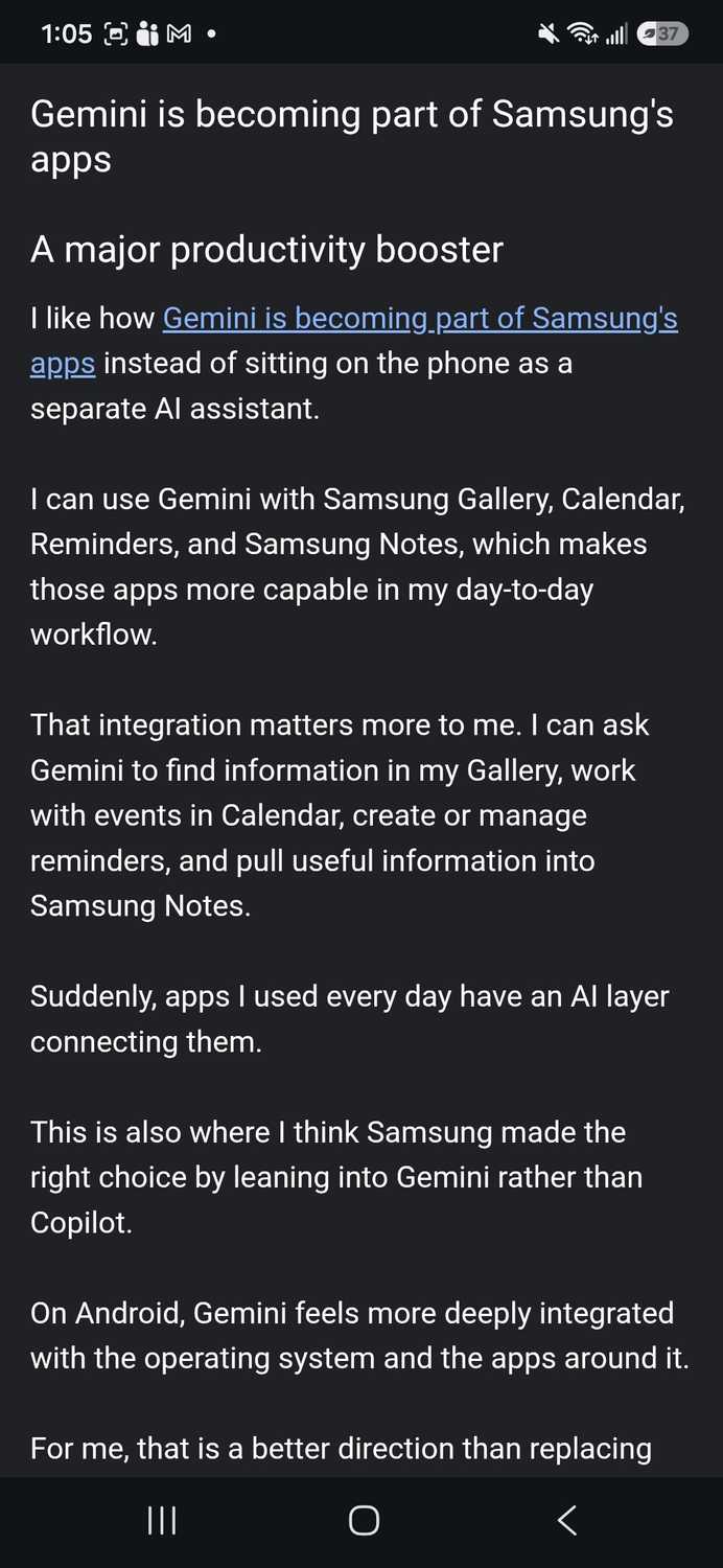 Using Chrome reading mode for Android Police article showing text and a link
