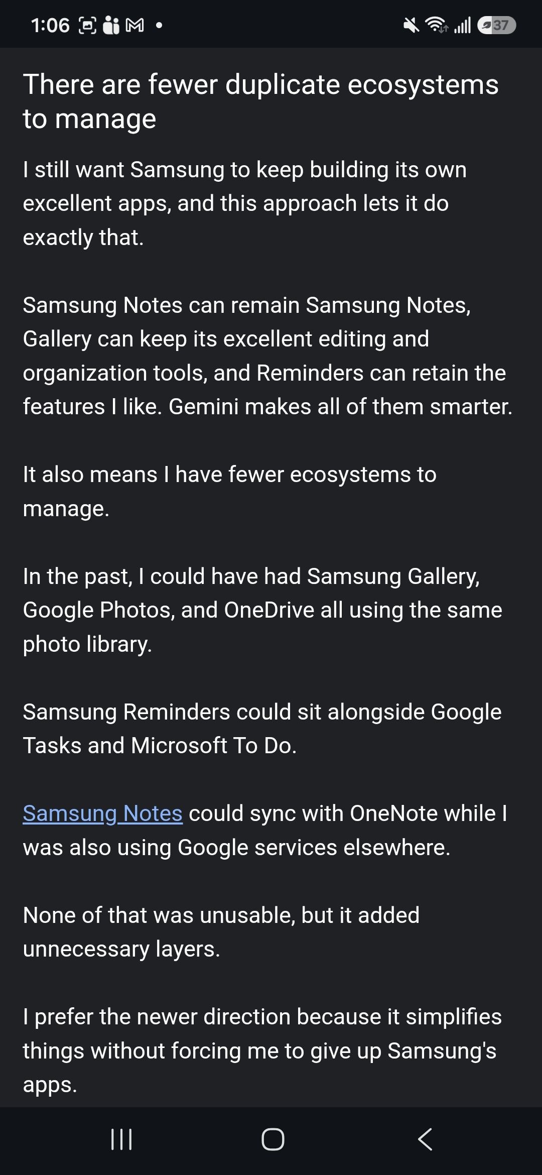 Using Chrome reading mode for Android Police article showing text, a link, and no pictures