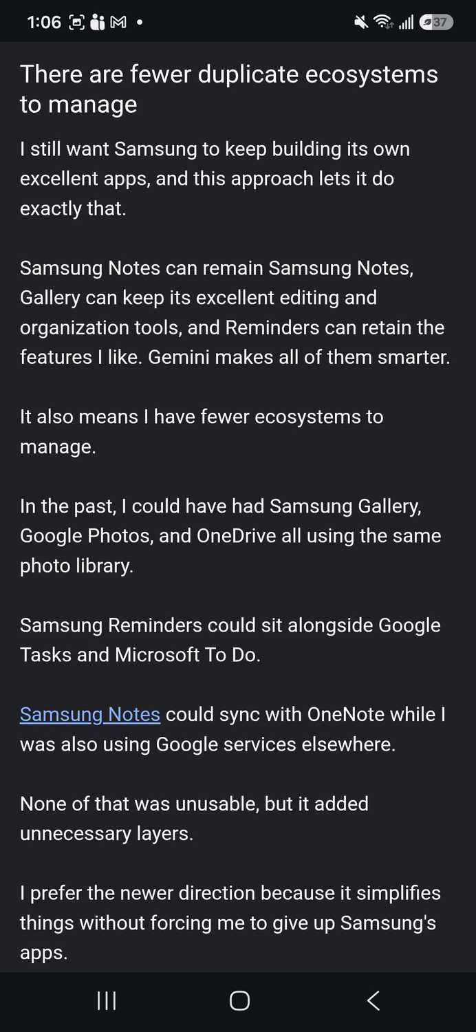 Using Chrome reading mode for Android Police article showing text, a link, and no pictures