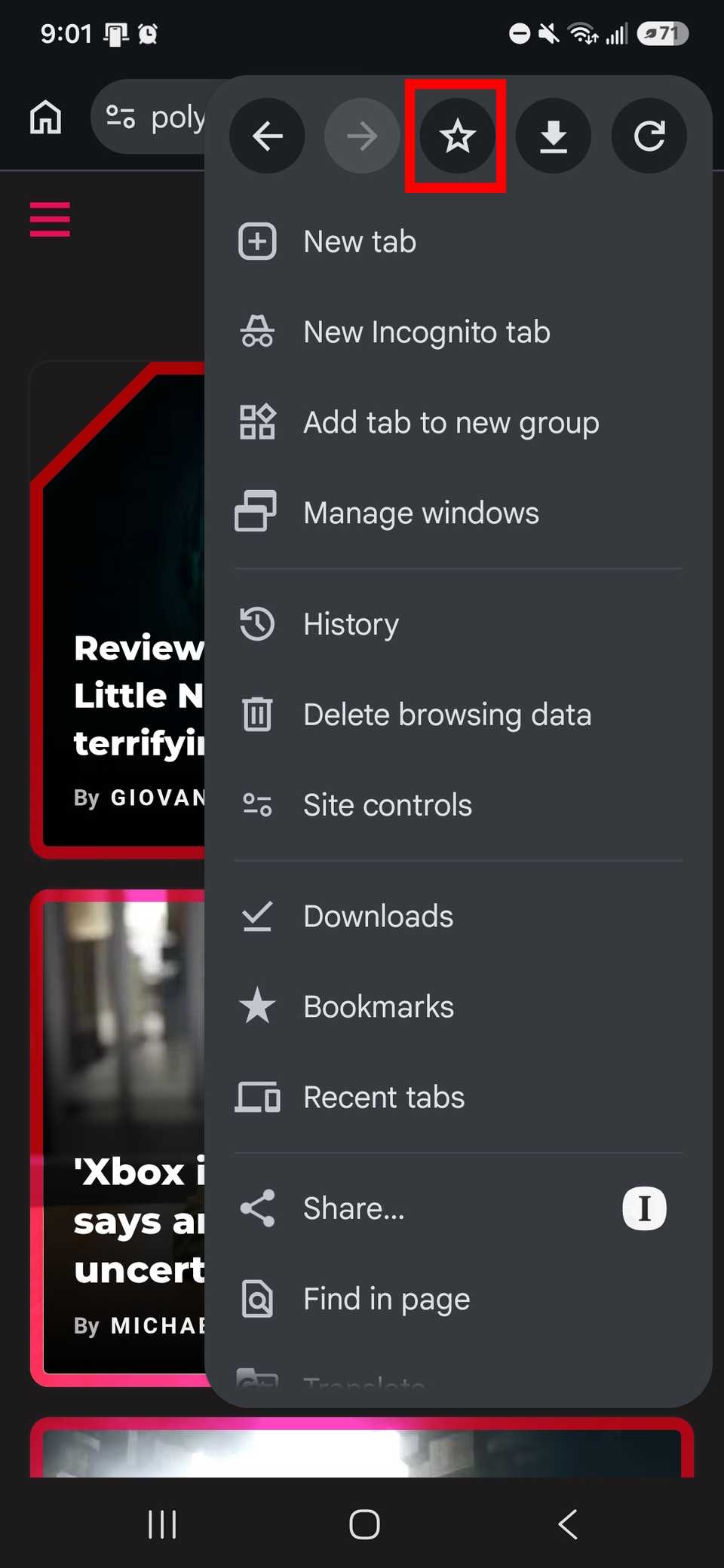 Red rectangle outline highlighting Bookmarks option in Chrome app