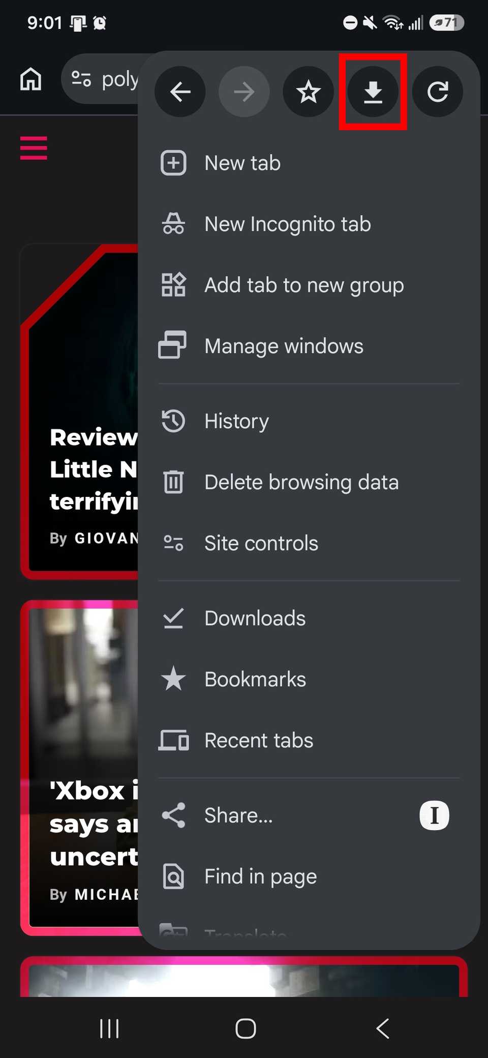 Red rectangle outline over the download web page option in Chrome app