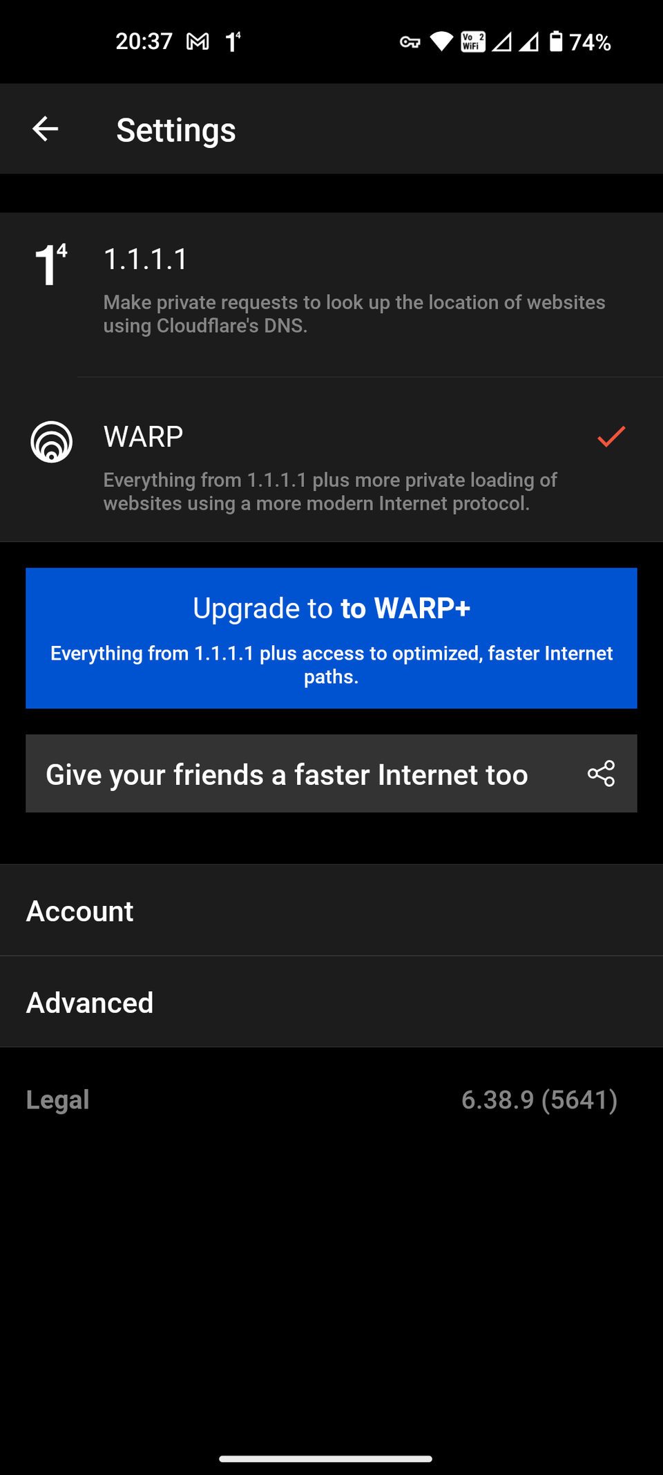 Cloudflare WARP settings menu