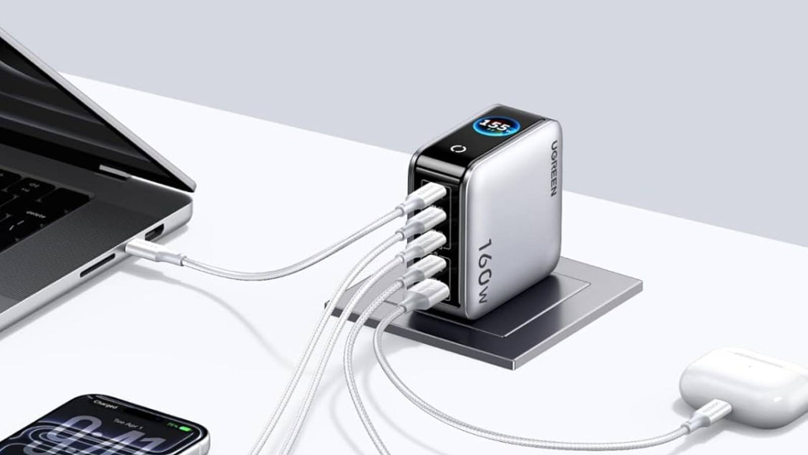 UGREEN Nexode Pro Charger, 160W GaN 5-Port Fast USB C Wall Charger Block plugged into many devices