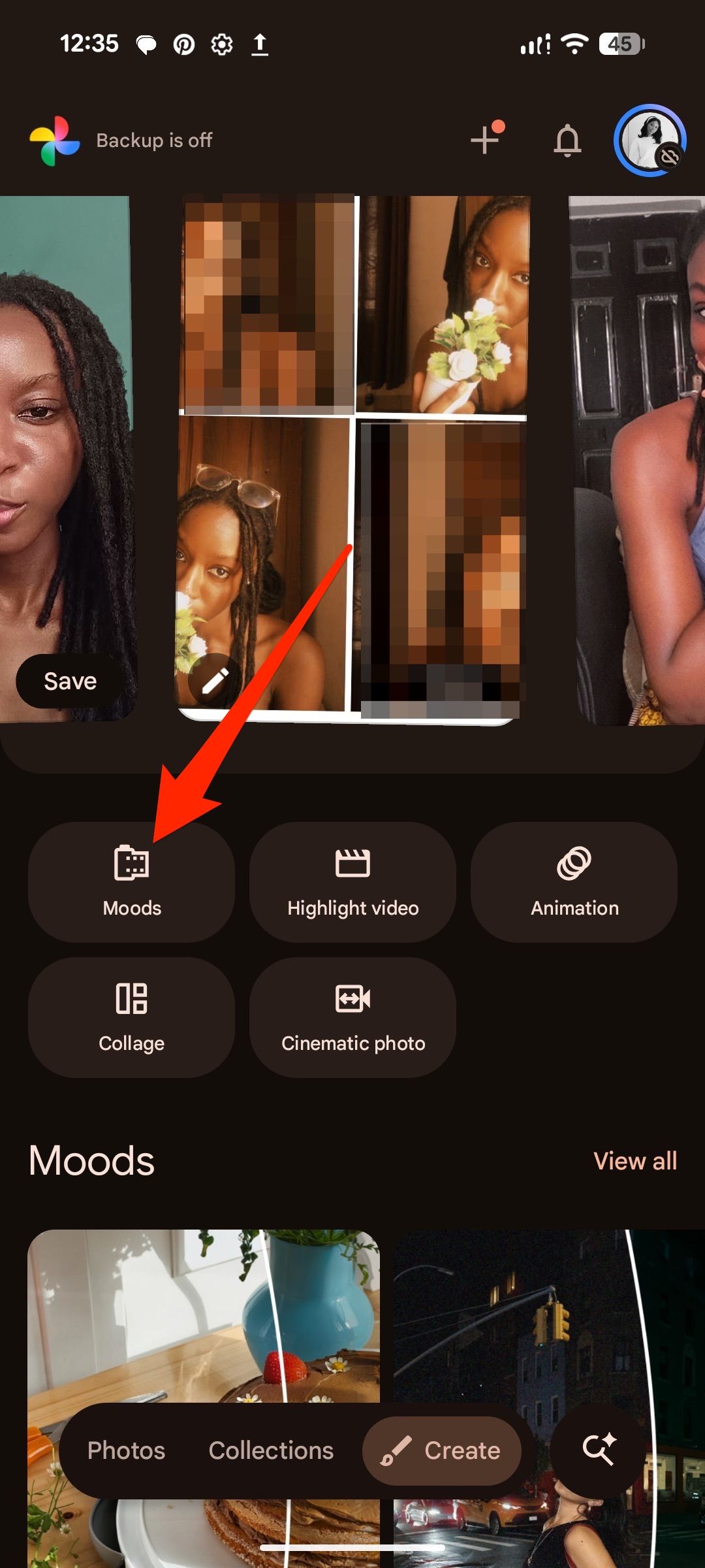 Google Photos Create menu with red arrow pointing to Moods tool icon
